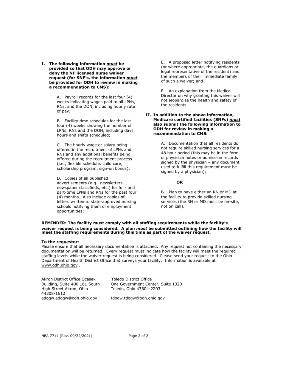 Form HEA7714 Registered / Licensed Nurse Staffing Waiver Application - Ohio, Page 2
