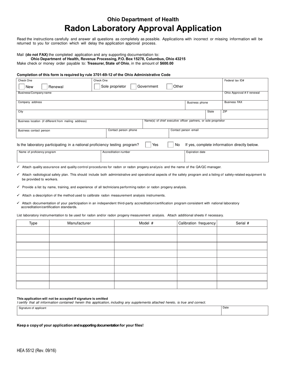 Form HEA5512 Radon Laboratory Approval Application - Ohio, Page 1