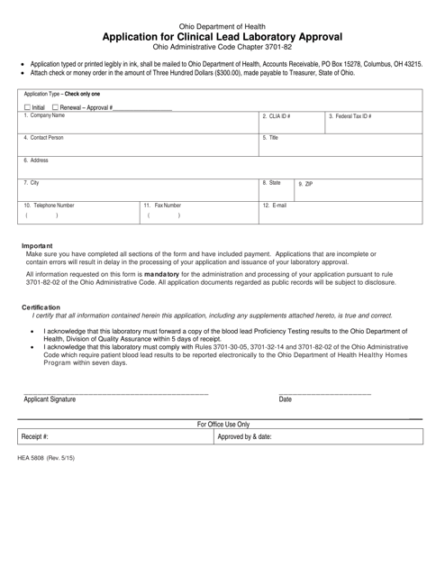 Form HEA5808 Application for Clinical Lead Laboratory Approval - Ohio