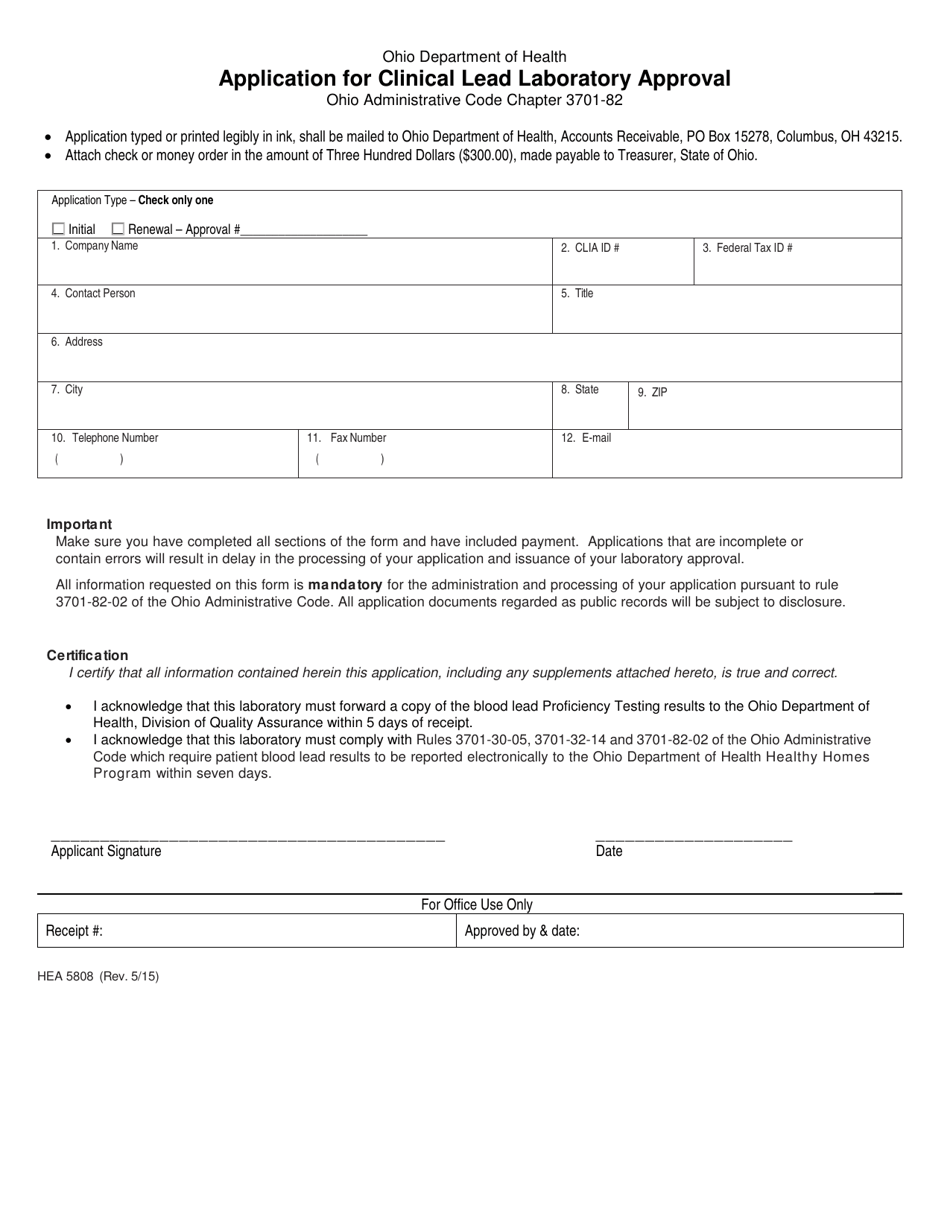 Form HEA5808 Application for Clinical Lead Laboratory Approval - Ohio, Page 1