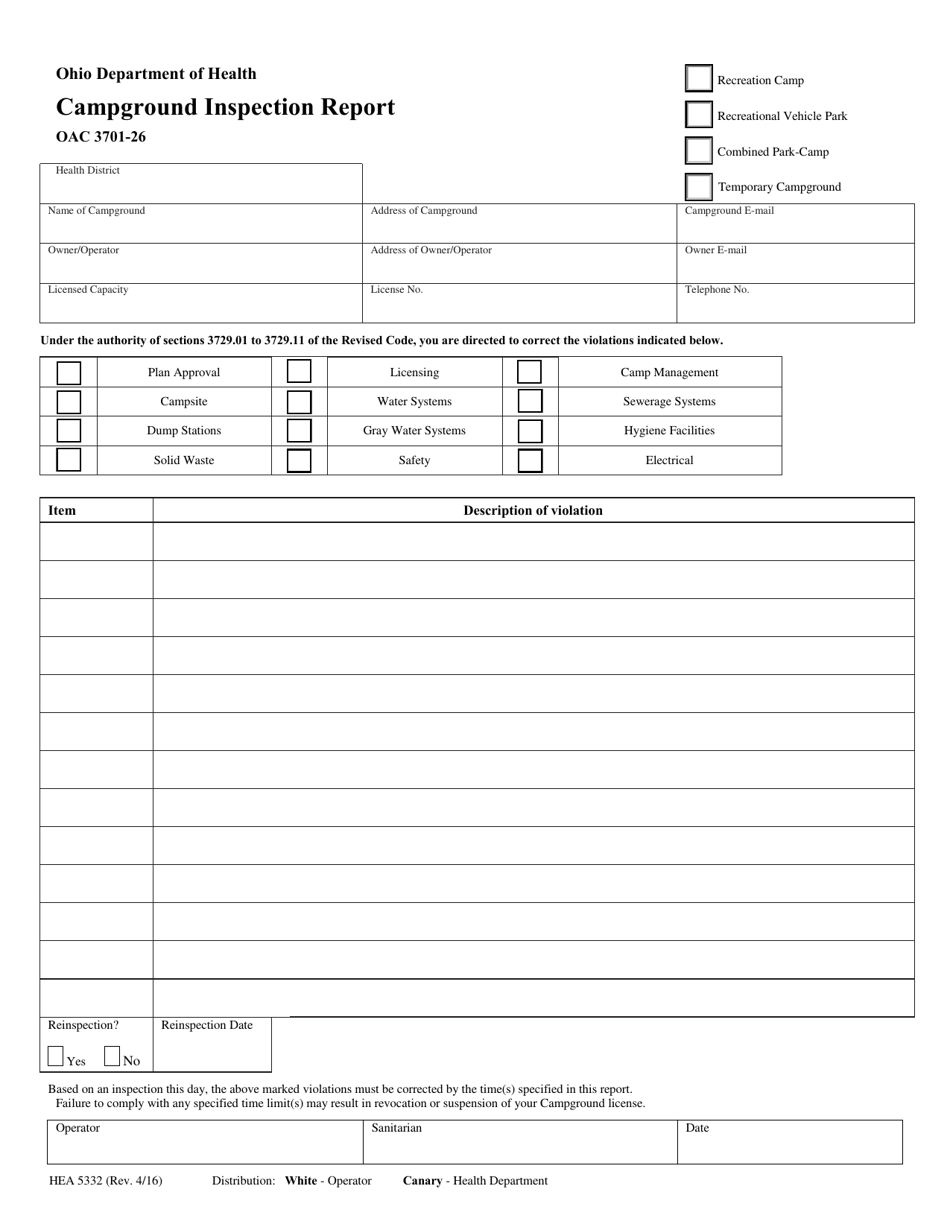 Form HEA5332 Campground Inspection Report - Ohio, Page 1