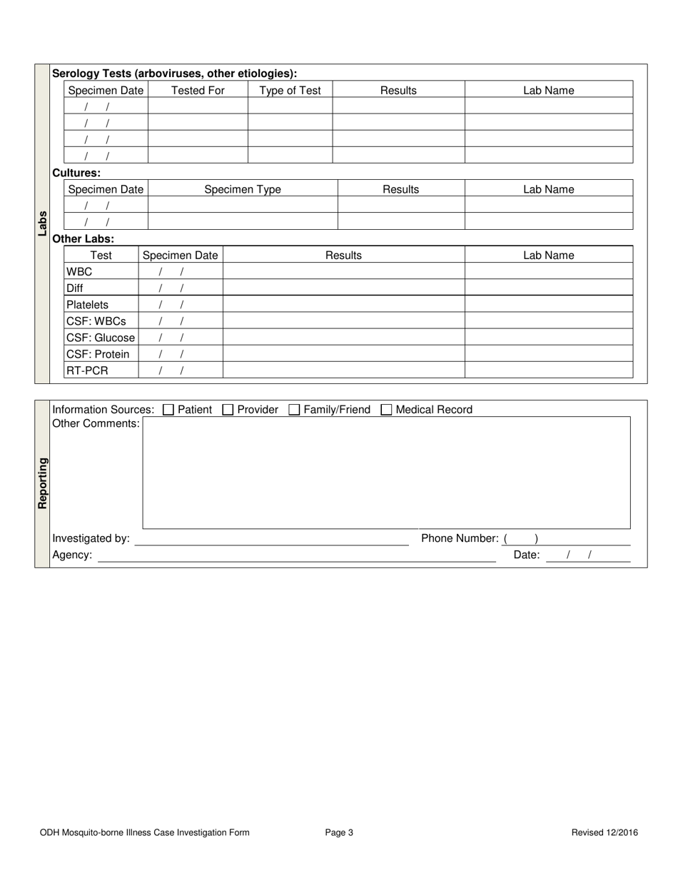Mosquito-Borne Illness Case Investigation Form - Ohio, Page 3