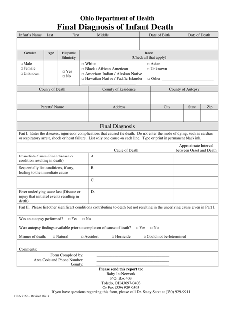 Form HEA7722 Final Diagnosis of Infant Death - Ohio