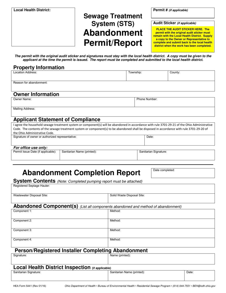 HEA Form 5441 Sewage Treatment System (Sts) Abandonment Permit / Report - Ohio, Page 1