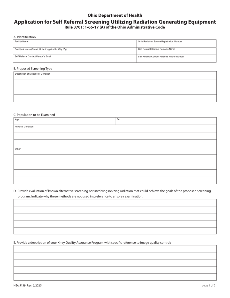 Form HEA5139 Application for Self Referral Screening Utilizing Radiation Generating Equipment - Ohio, Page 1