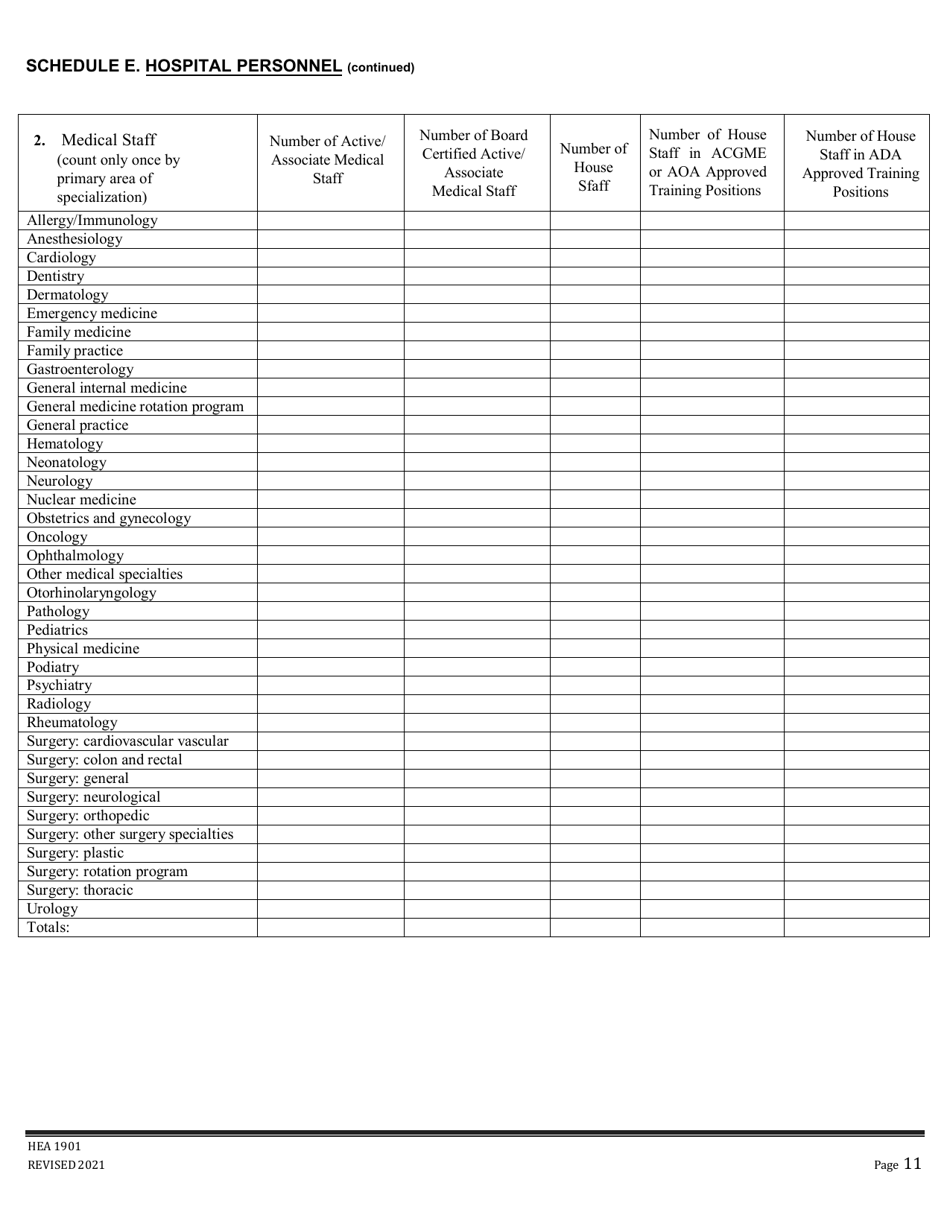 Form HEA1901 Annual Hospital Registration and Planning Report - Ohio, Page 11