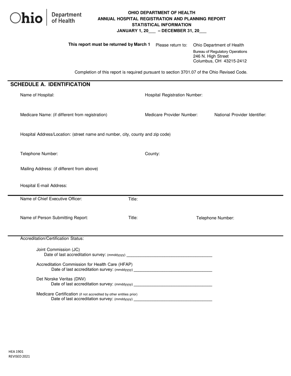 Form HEA1901 Annual Hospital Registration and Planning Report - Ohio, Page 1