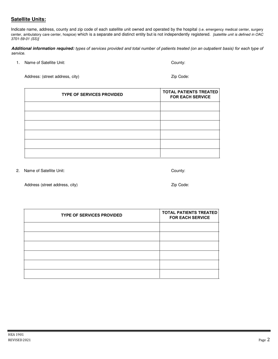 Form HEA1901 Annual Hospital Registration and Planning Report - Ohio, Page 2