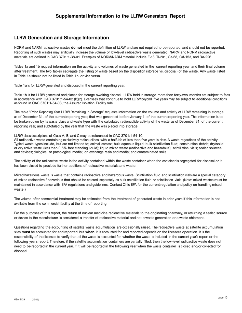 Form HEA5129 Low-Level Radioactive Waste (Llrw) Generator Report - Ohio, Page 10