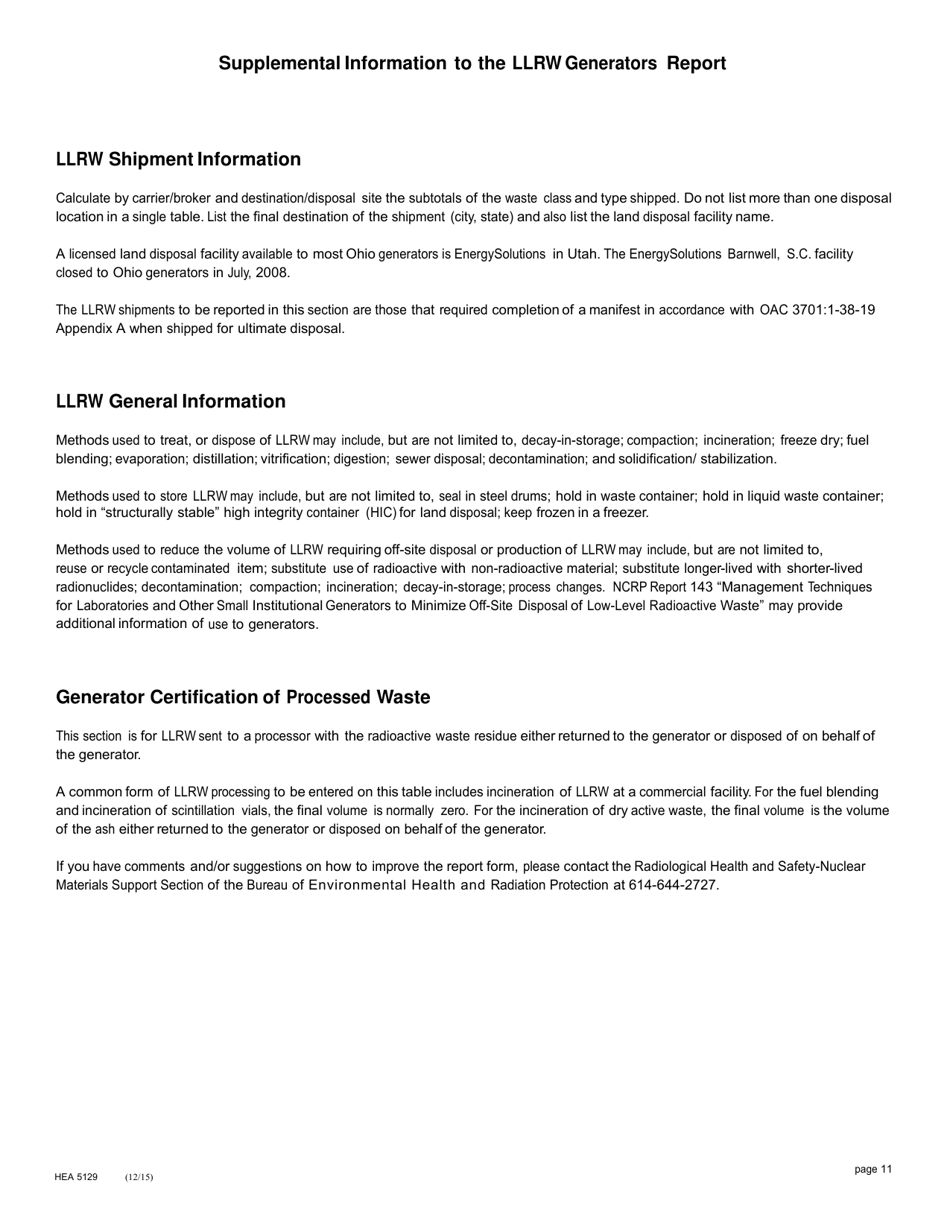 Form HEA5129 Low-Level Radioactive Waste (Llrw) Generator Report - Ohio, Page 11