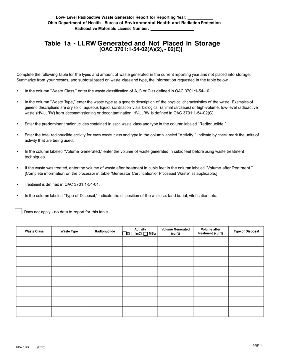 Form HEA5129 Low-Level Radioactive Waste (Llrw) Generator Report - Ohio, Page 2
