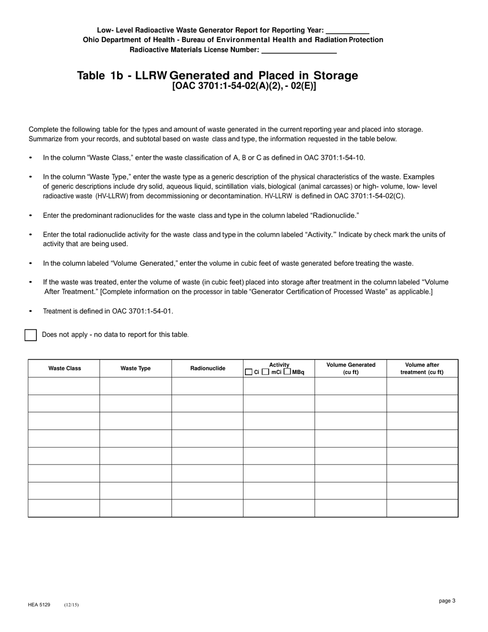 Form HEA5129 Low-Level Radioactive Waste (Llrw) Generator Report - Ohio, Page 3