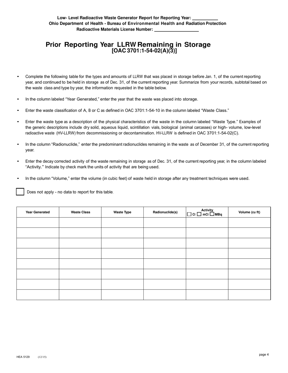 Form HEA5129 Low-Level Radioactive Waste (Llrw) Generator Report - Ohio, Page 4