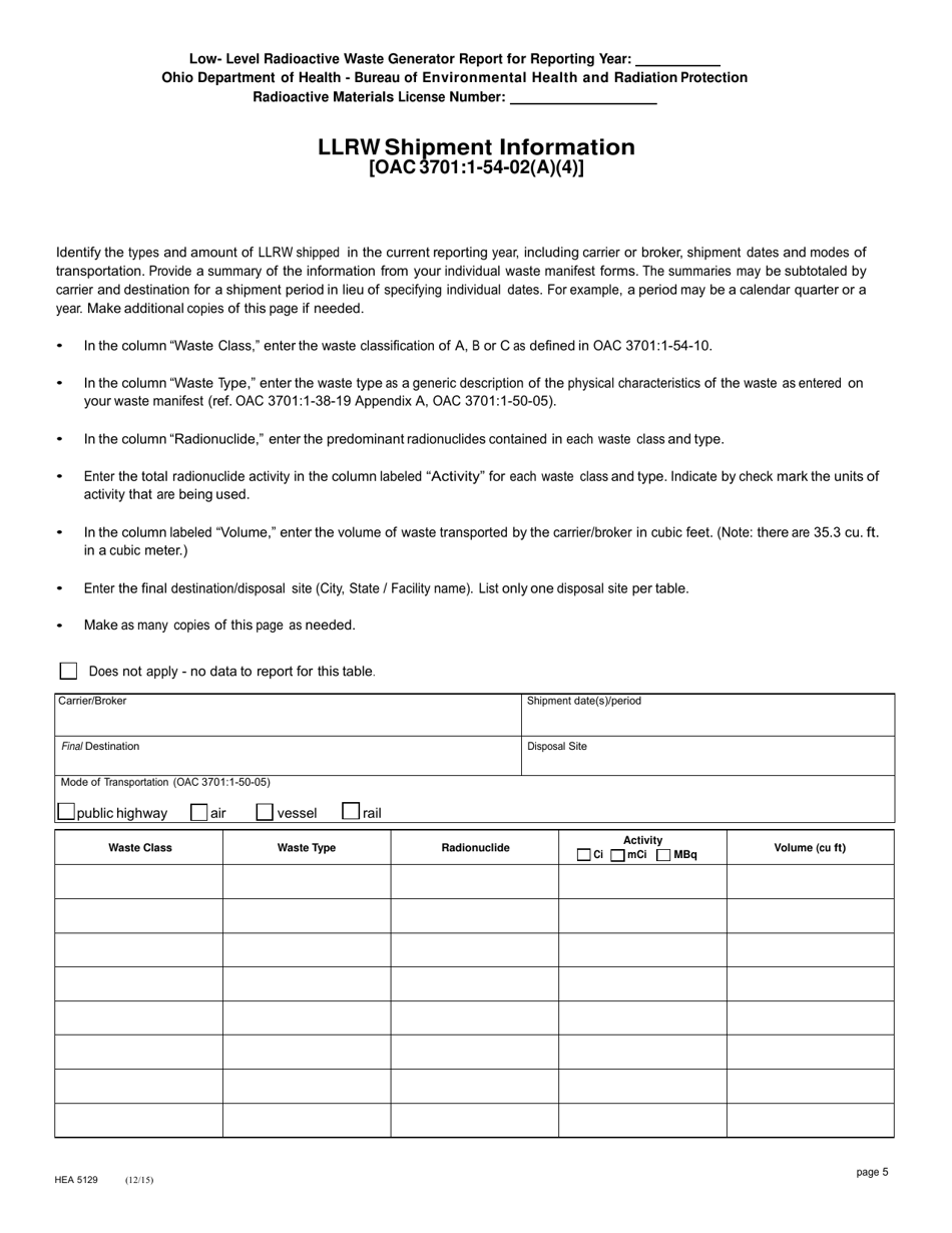 Form HEA5129 Low-Level Radioactive Waste (Llrw) Generator Report - Ohio, Page 5