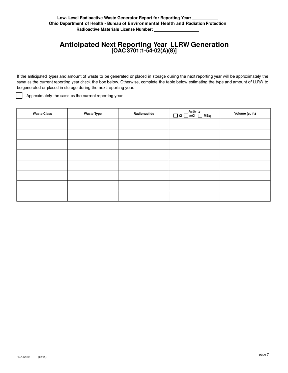 Form HEA5129 Low-Level Radioactive Waste (Llrw) Generator Report - Ohio, Page 7