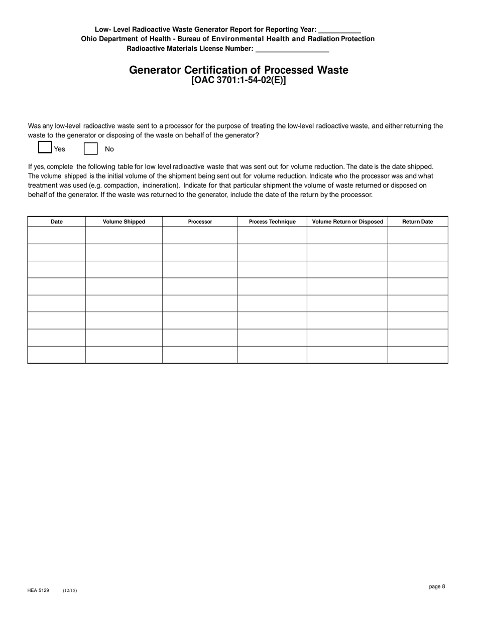 Form HEA5129 Low-Level Radioactive Waste (Llrw) Generator Report - Ohio, Page 8