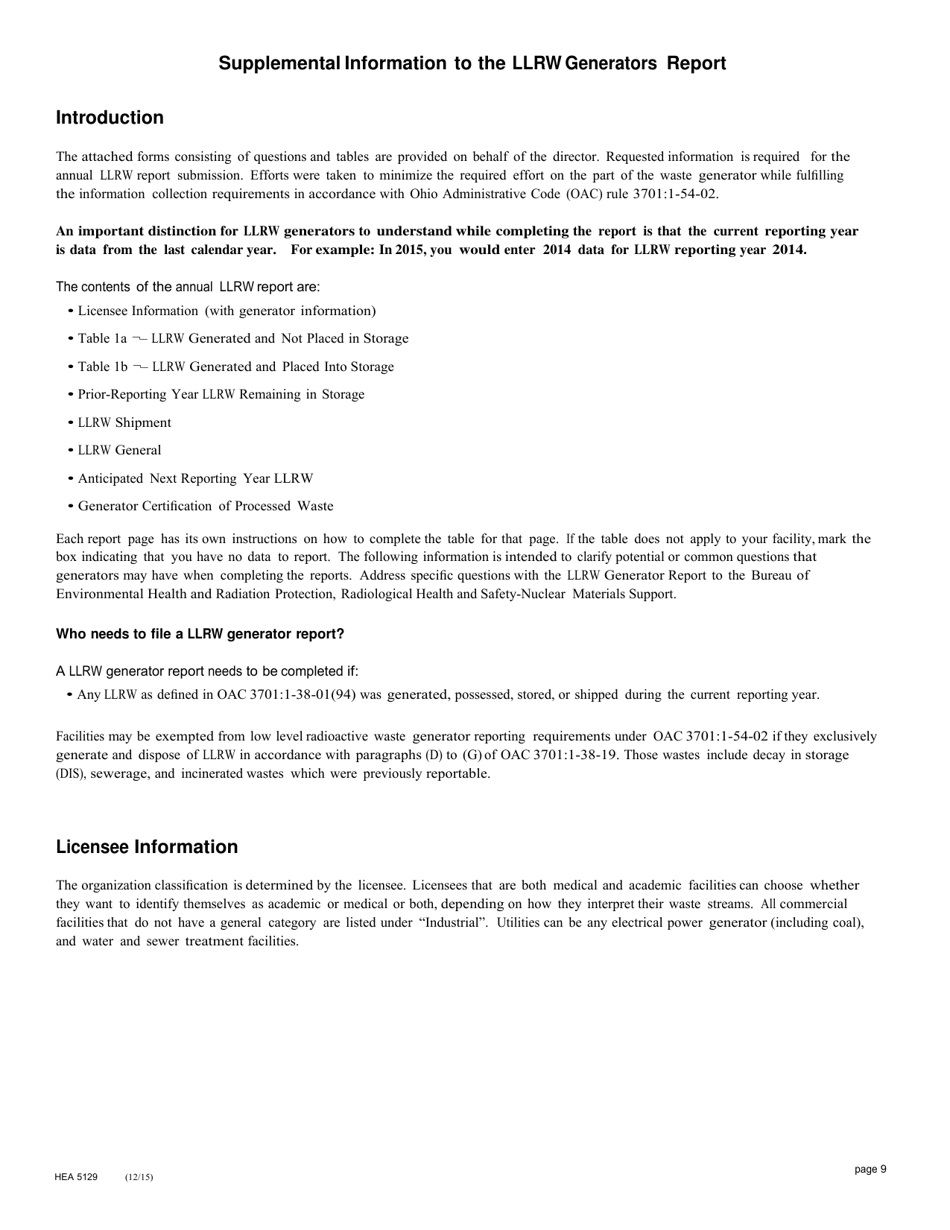 Form HEA5129 Low-Level Radioactive Waste (Llrw) Generator Report - Ohio, Page 9