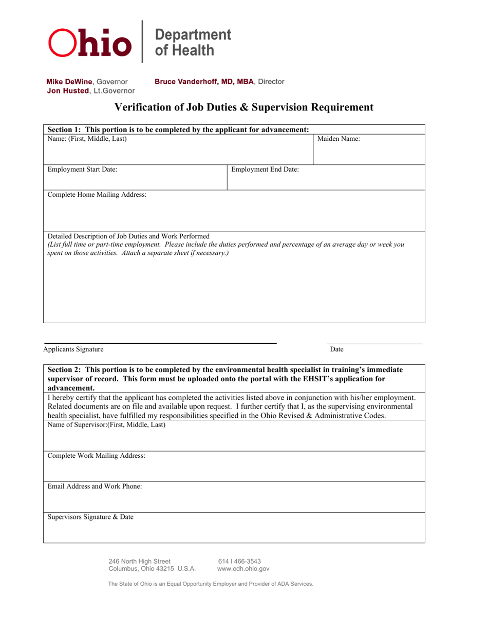 Verification of Job Duties  Supervision Requirement - Ohio, Page 1