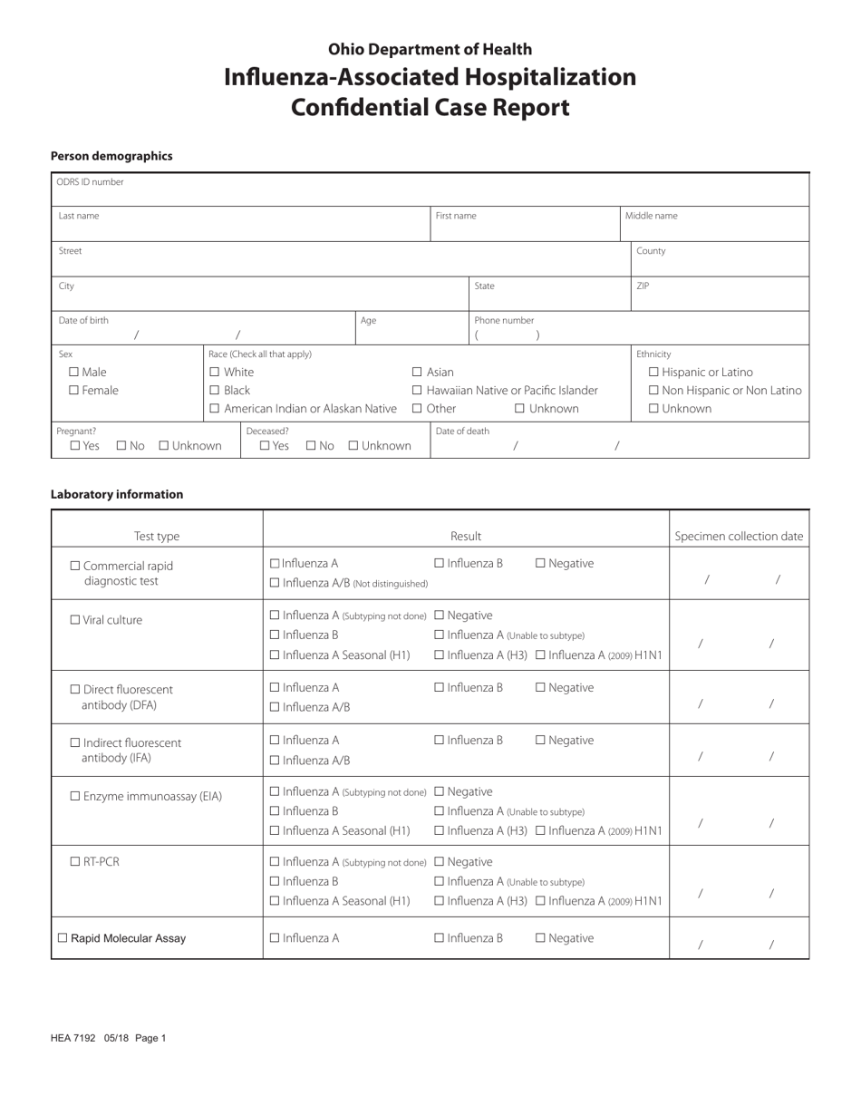 Form HEA7192 Influenza-Associated Hospitalization Confidential Case Report - Ohio, Page 1