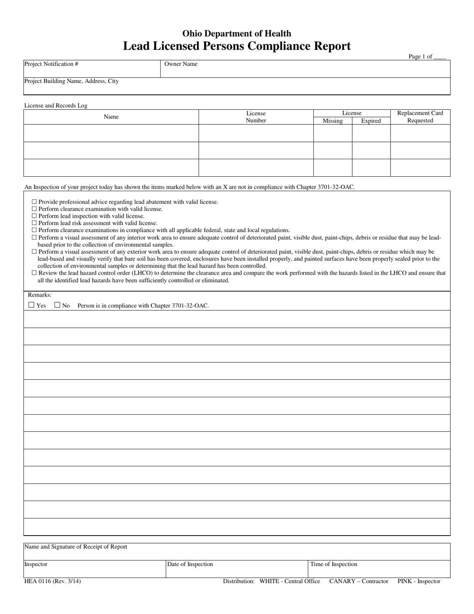 Form HEA0116 Lead Licensed Persons Compliance Report - Ohio, Page 1