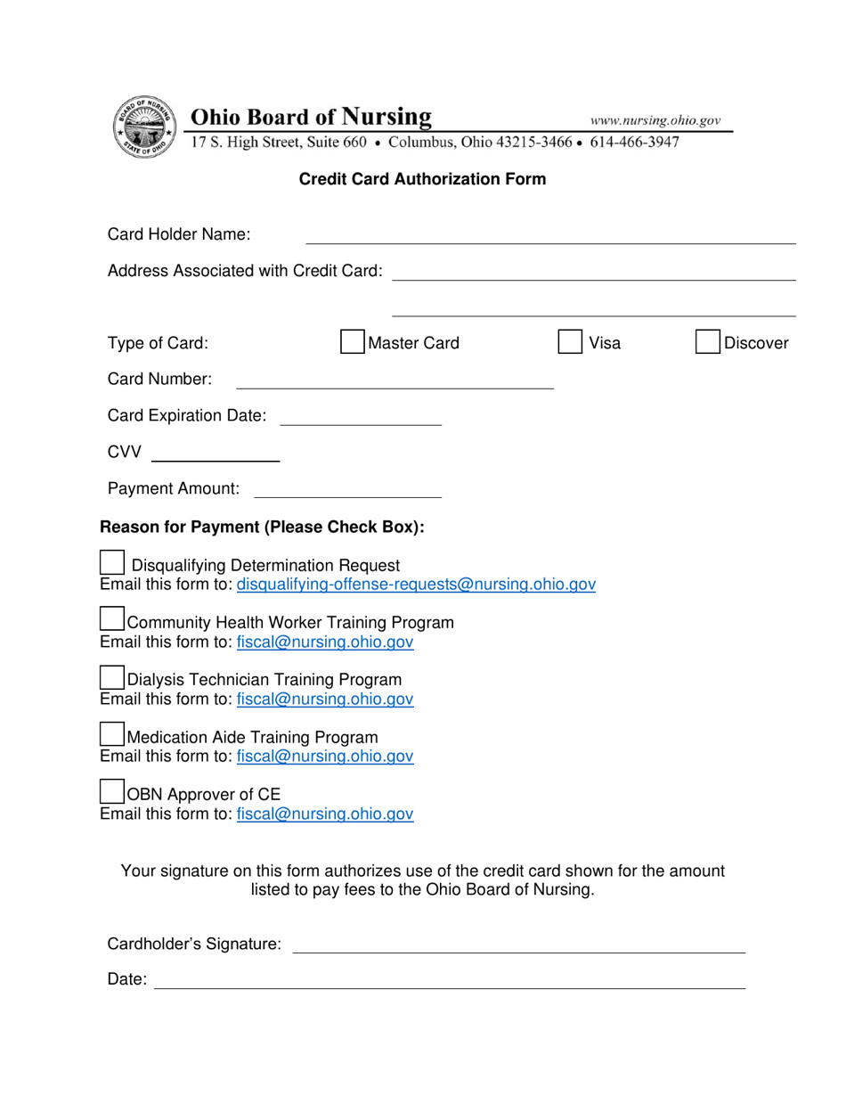Credit Card Authorization Form - Ohio, Page 1