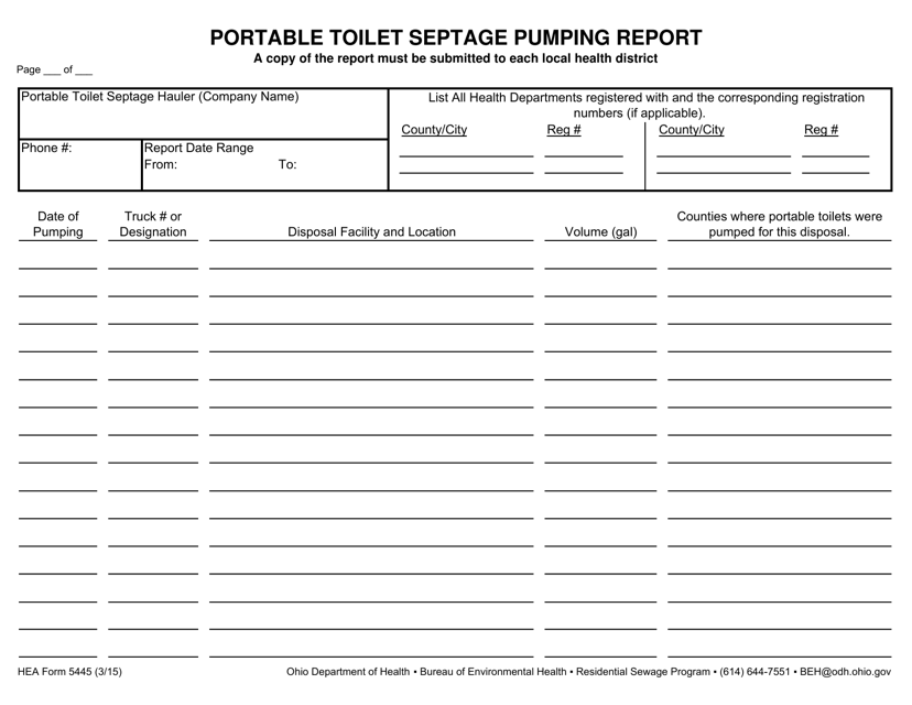 HEA Form 5445 Portable Toilet Septage Pumping Report - Ohio