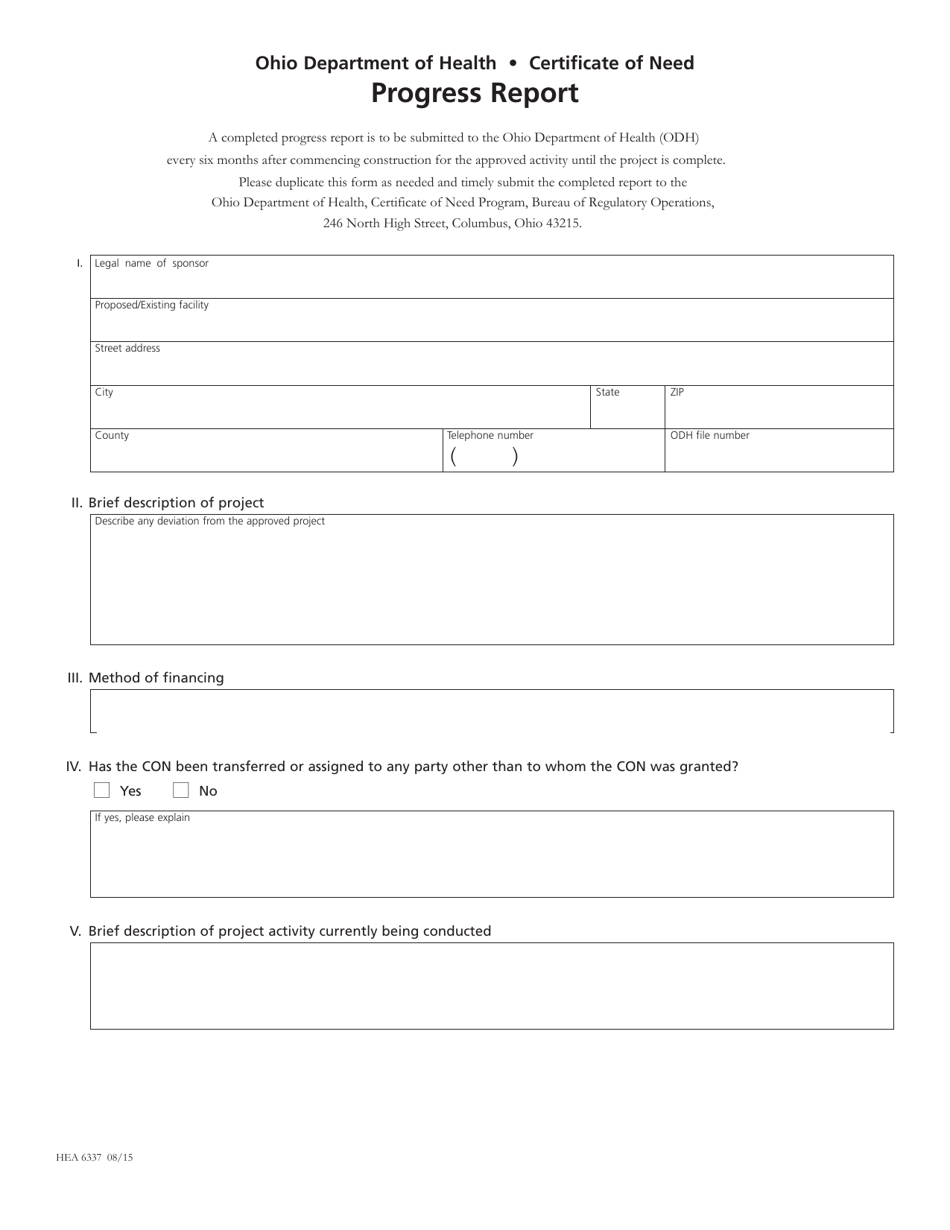 Form HEA6337 Certificate of Need Progress Report - Ohio, Page 1
