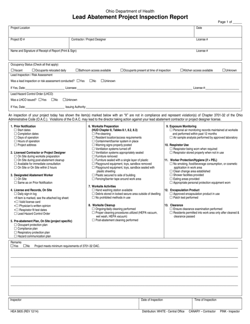 Form HEA5805 Lead Abatement Project Inspection Report - Ohio