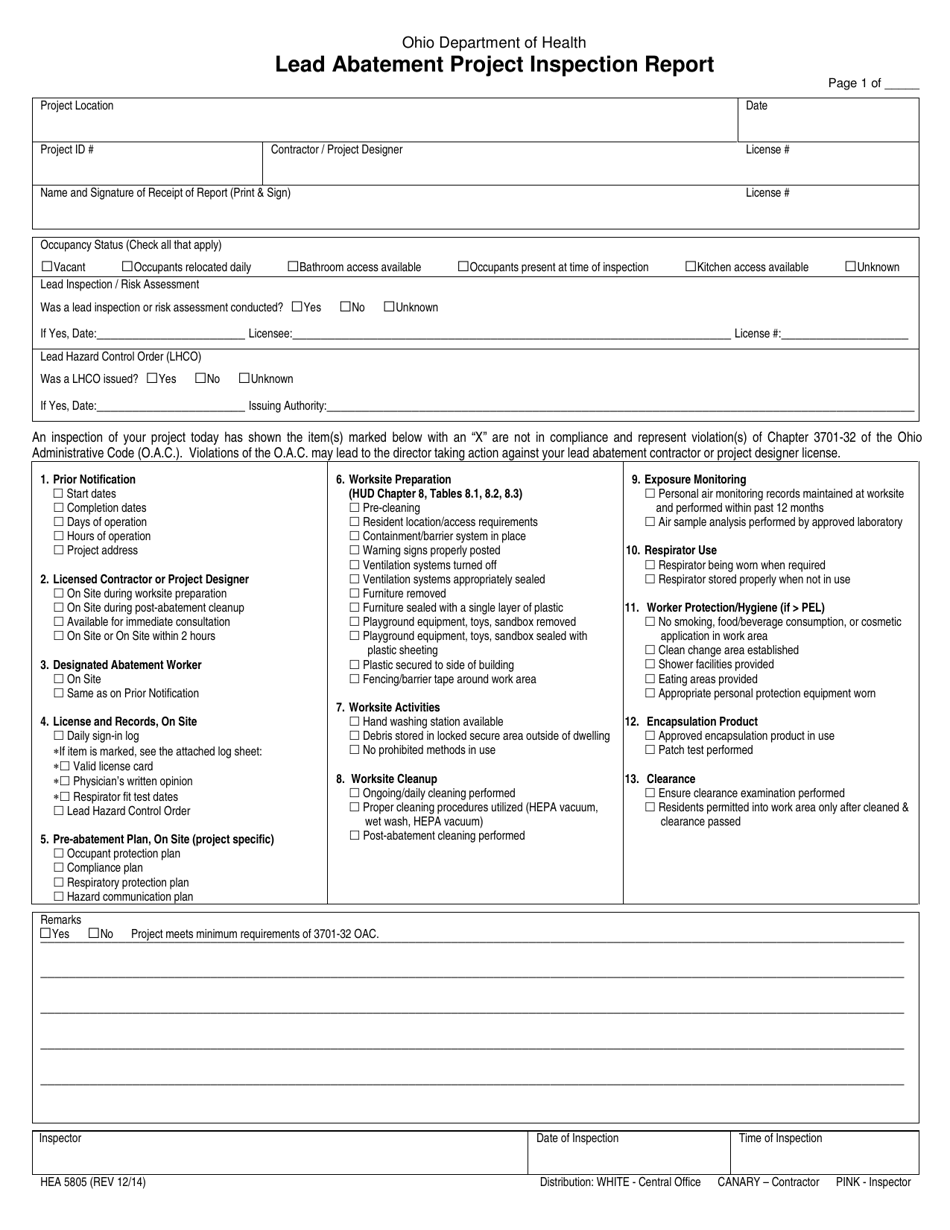 Form HEA5805 Lead Abatement Project Inspection Report - Ohio, Page 1
