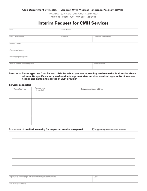 Form HEA7116 Interim Request for Cmh Services - Ohio