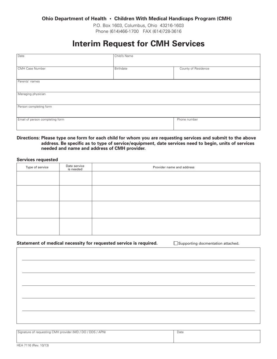 Form HEA7116 Interim Request for Cmh Services - Ohio, Page 1