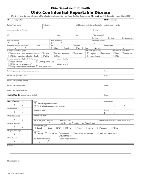 Form HEA3334 Ohio Confidential Reportable Disease - Ohio