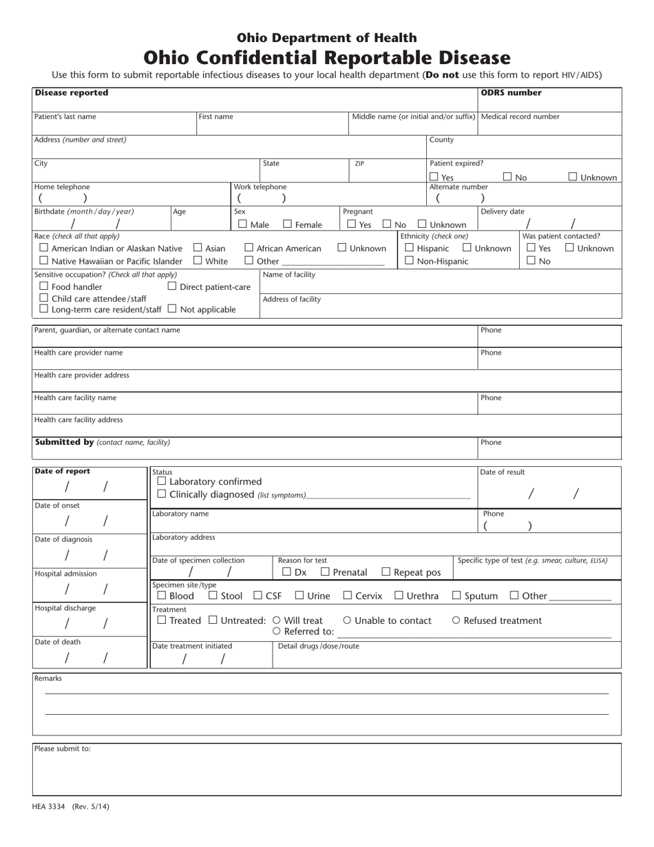 Form HEA3334 Ohio Confidential Reportable Disease - Ohio, Page 1
