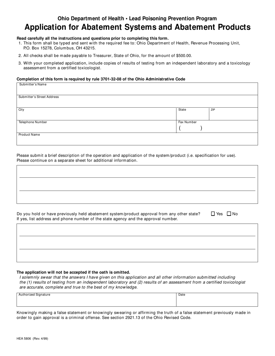 Form HEA5806 Application for Abatement Systems and Abatement Products - Ohio, Page 1