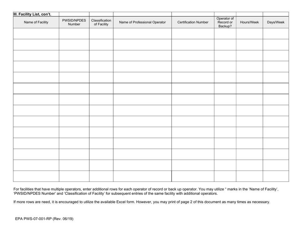 Form EPA PWS-07-001-RP Contract Operator Facility List - Ohio, Page 2