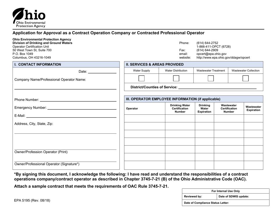 Form EPA5195 Application for Approval as a Contract Operation Company or Contracted Professional Operator - Ohio, Page 1