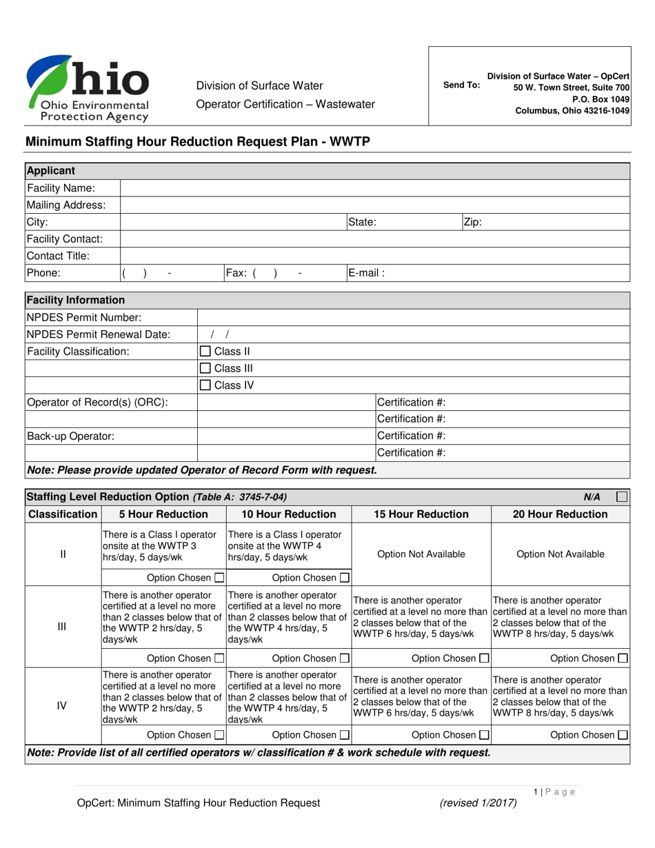 Minimum Staffing Hour Reduction Request Plan - Wwtp - Ohio, Page 1