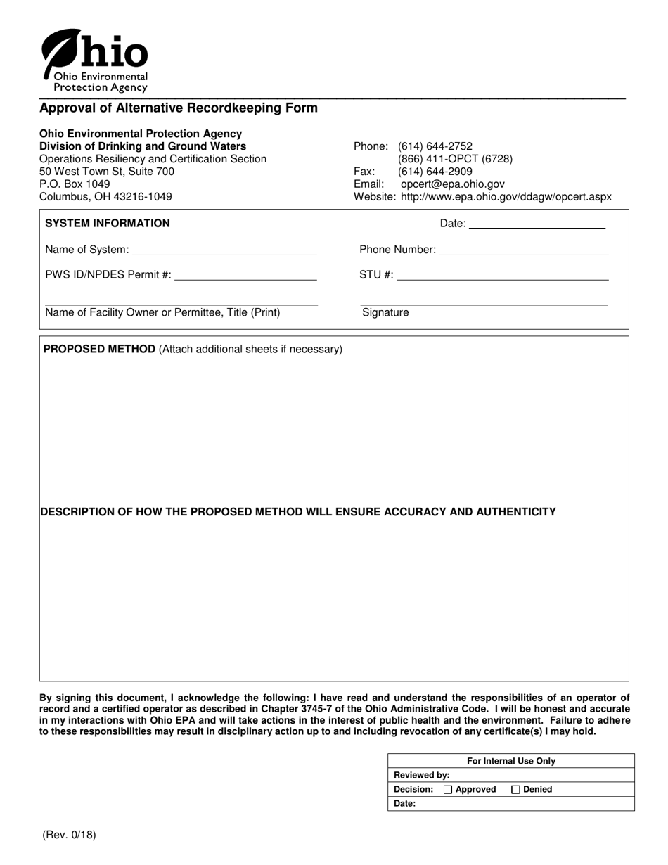 Approval of Alternative Recordkeeping Form - Ohio, Page 1