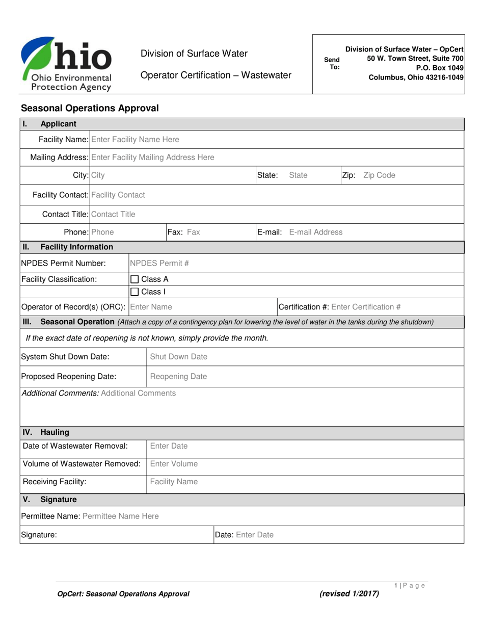 Seasonal Operations Approval - Ohio, Page 1