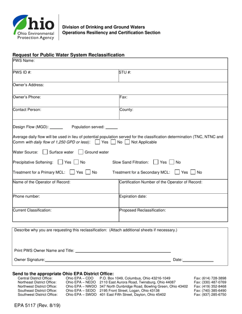 Form EPA5117 Request for Public Water System Reclassification - Ohio