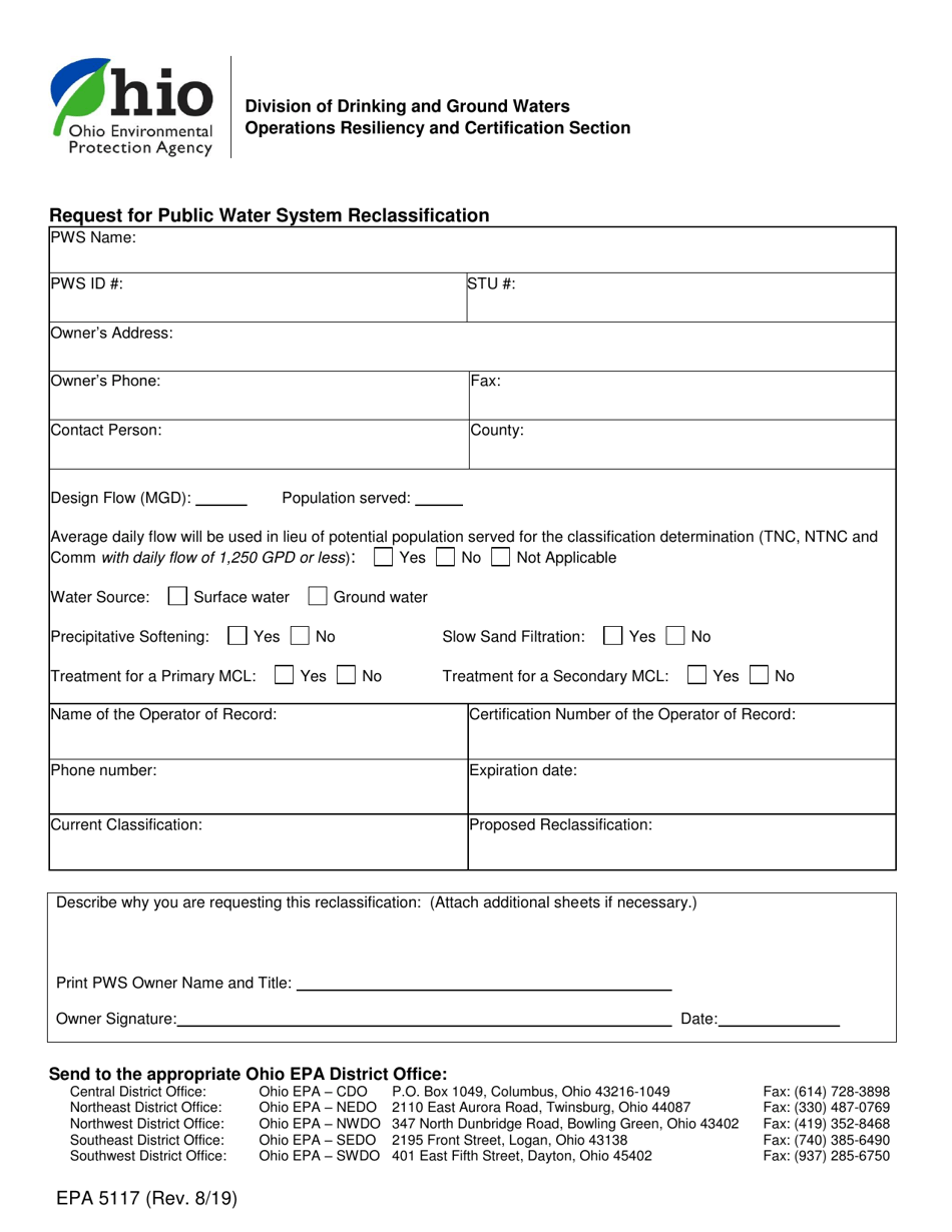 Form EPA5117 Request for Public Water System Reclassification - Ohio, Page 1