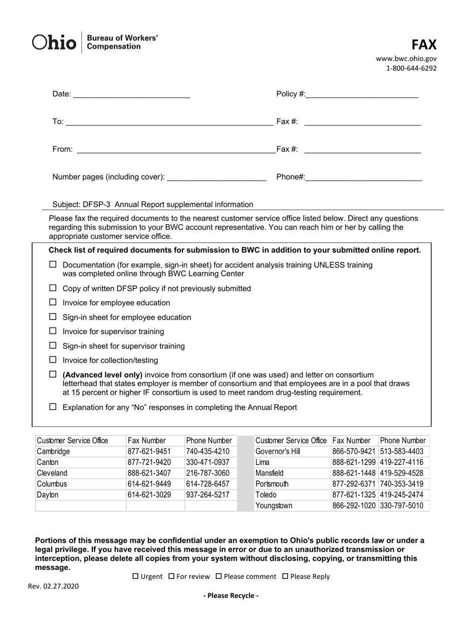 Form DFSP-3 Fax Cover Sheet - Ohio, Page 1