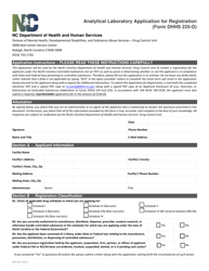 Document preview: Form DHHS225-D Analytical Laboratory Application for Registration - North Carolina