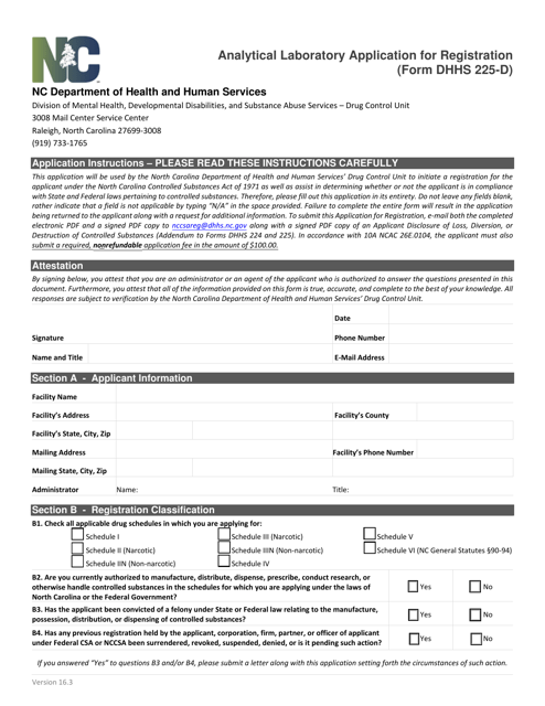 Form DHHS225-D Analytical Laboratory Application for Registration - North Carolina