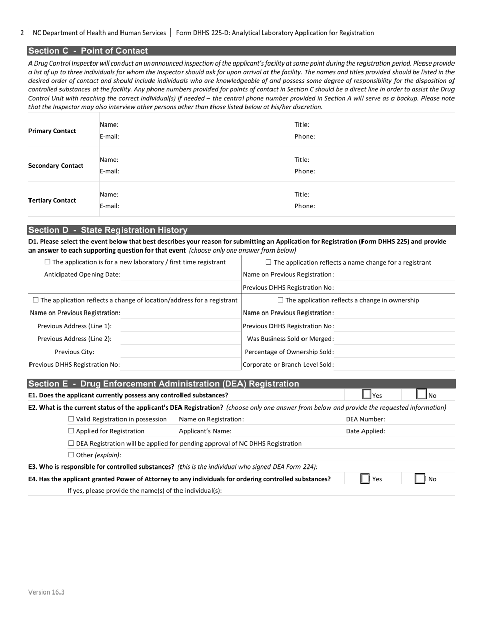 Form DHHS225-D Analytical Laboratory Application for Registration - North Carolina, Page 2