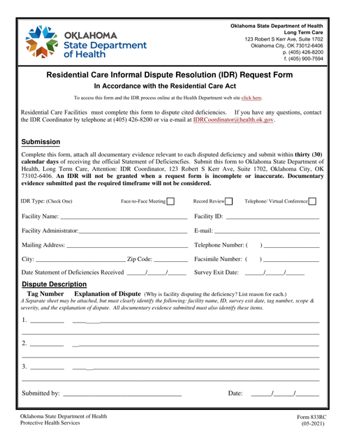 ODH Form 833RC Residential Care Informal Dispute Resolution (Idr) Request Form - Oklahoma