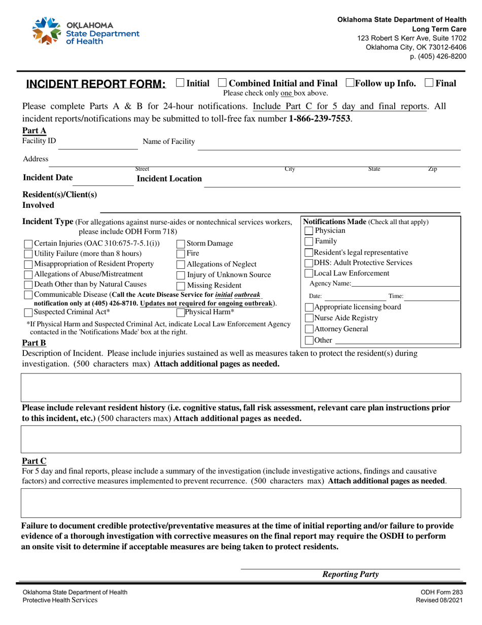 ODH Form 283 Incident Report Form - Oklahoma, Page 1