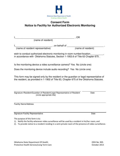 ODH Form 905 Notice to Facility for Authorized Electronic Monitoring - Consent Form - Oklahoma