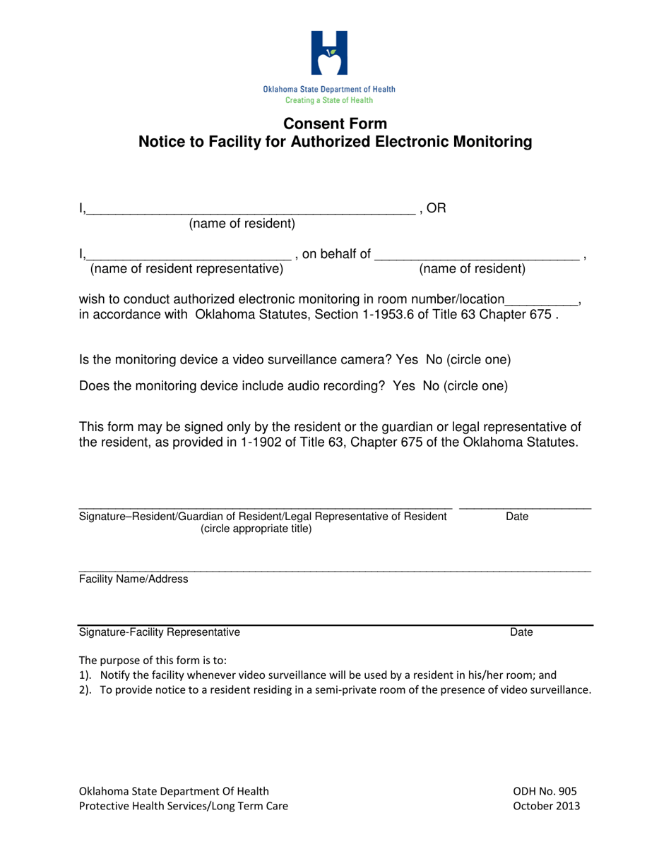 ODH Form 905 Notice to Facility for Authorized Electronic Monitoring - Consent Form - Oklahoma, Page 1