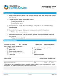 Document preview: Form 02AD002E Harmony Access Request for Non-okdhs Employees - Oklahoma